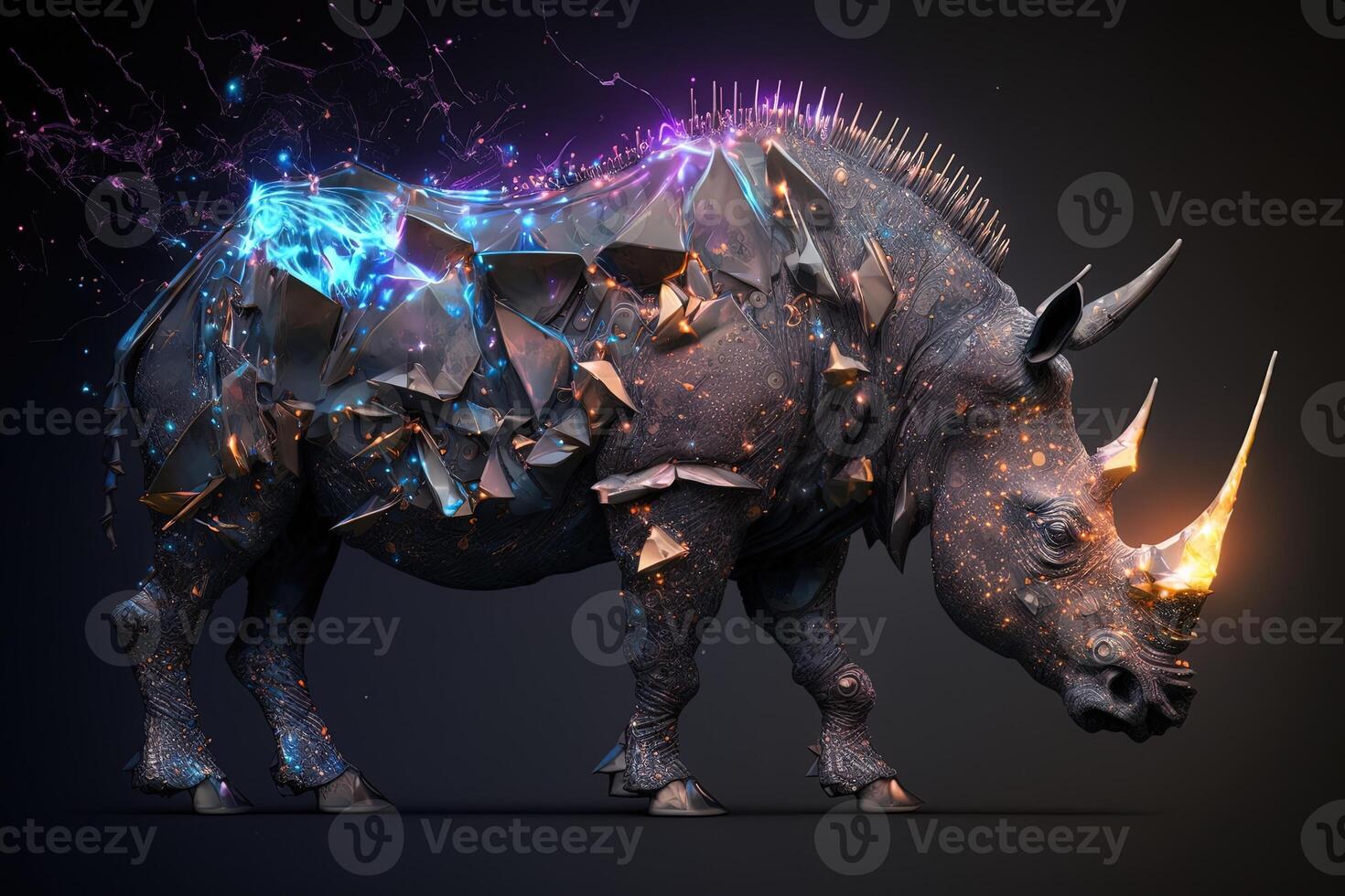 génératif ai la fusion de métal rhinocéros exploser par Feu entouré par épars verre fragments et débris, cosmique énergie photo