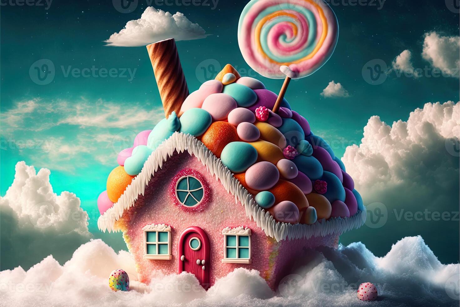 Noël décorations avec coloré pain d'épice rose maison et coloré bonbons sur blanc nuage. hiver vacances Nouveau année et Noël composition. incroyable Fée Noël maison. génératif ai photo