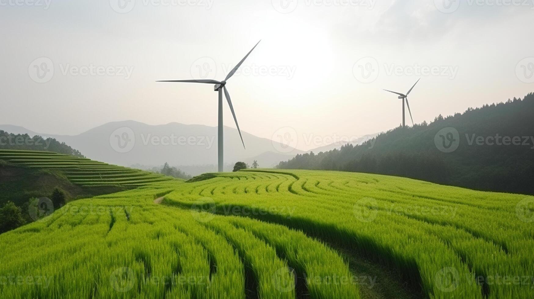 génératif ai, vent turbines dans une champ, vert ferme paysage. écologiquement respectueux de la nature Puissance génération. renouvelable énergie source. photo
