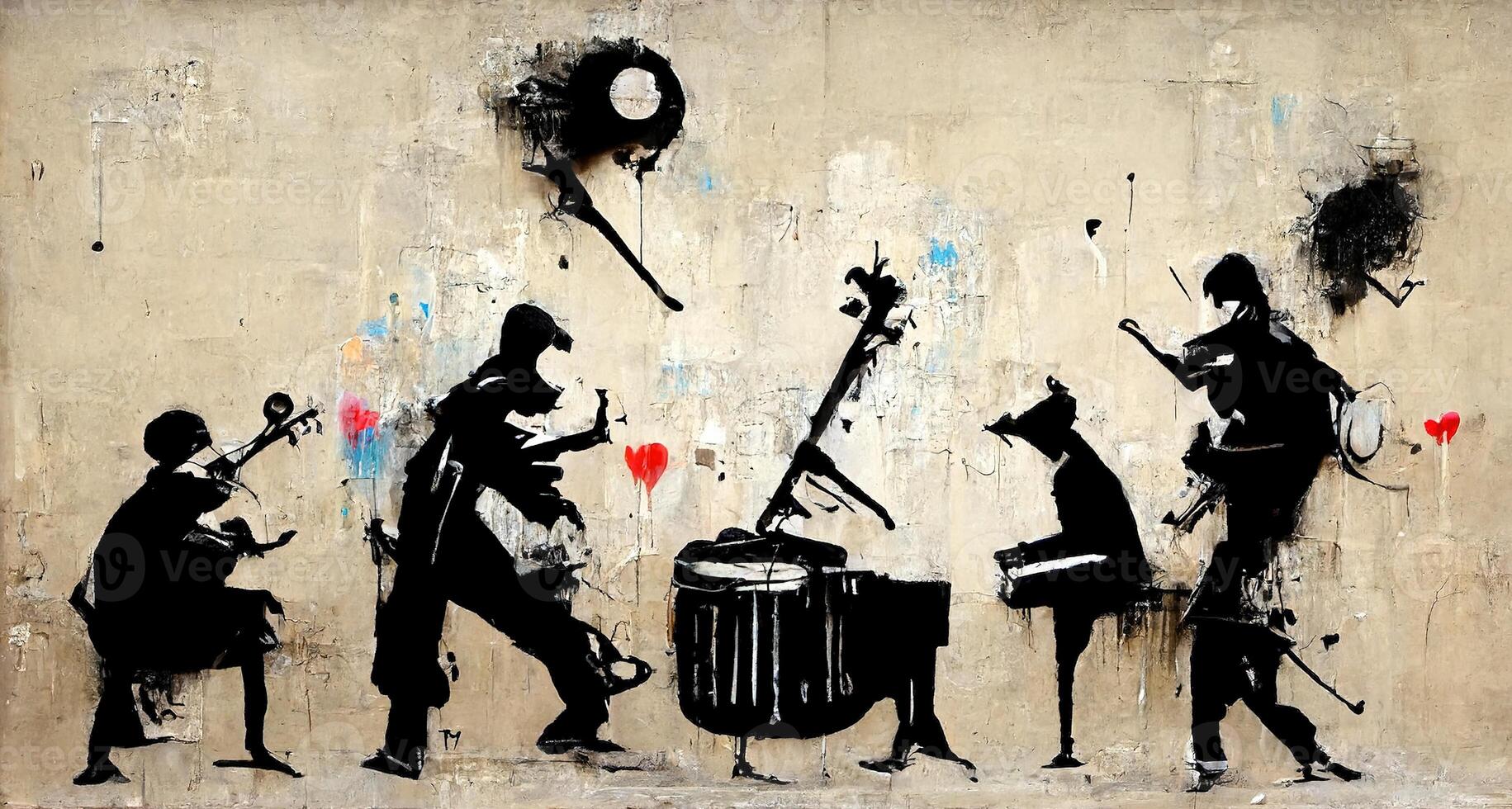 génératif ai, abstrait rue art avec clés et musical instruments silhouettes. encre coloré graffiti art sur une texturé papier ancien arrière-plan, inspiré par banky photo