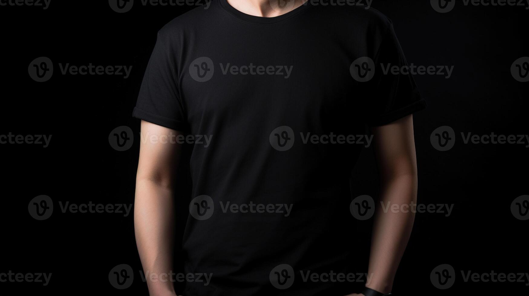 génératif ai, réaliste noir T-shirt moquer en haut Vide mettre sur Jeune homme, fond pour présentation publicité. Vide affaires concept photo