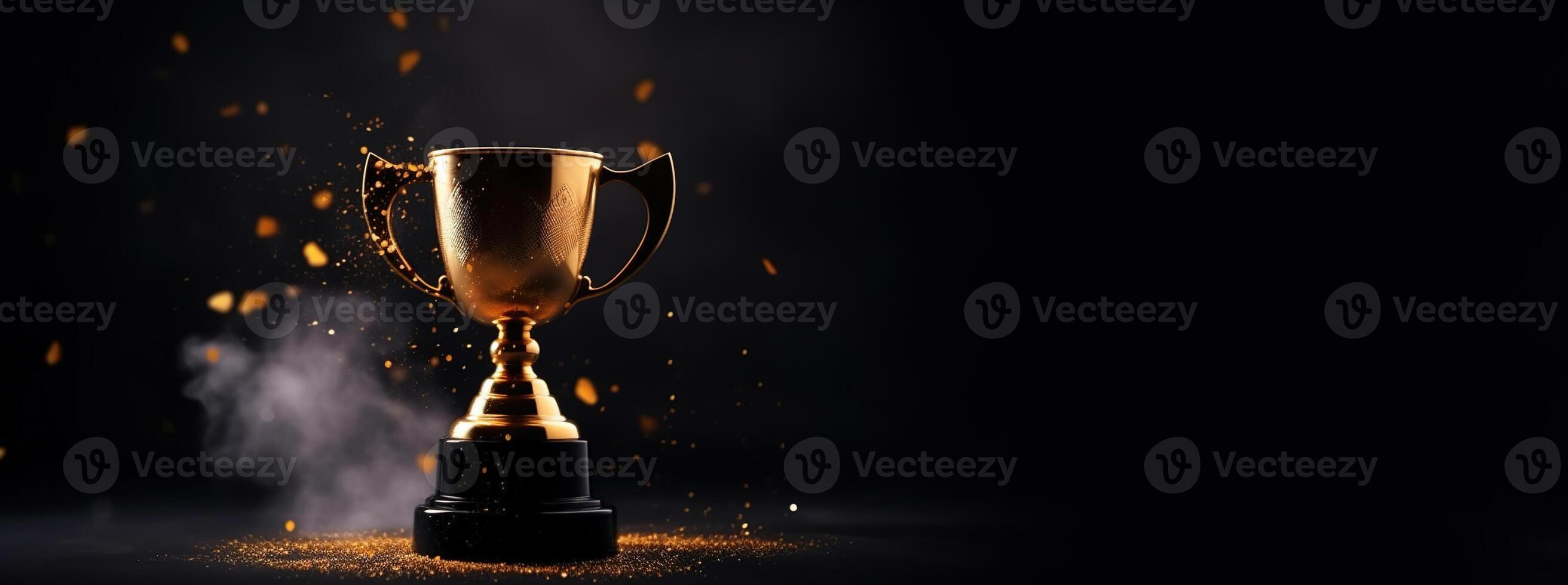 génératif ai, gagnant trophée avec flammes, d'or champion tasse avec chute confettis sur foncé Contexte photo