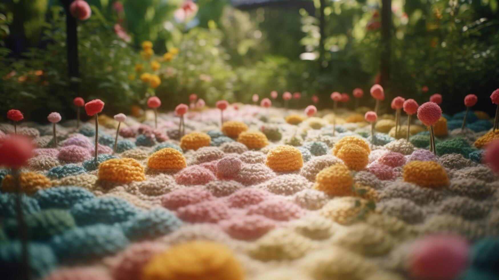 génératif ai, mignonne jardin fabriqué de crocheter, végétaux, des arbres, fleurs. doux couleurs, rêveur scène paysage fabriqué de crochet matériaux, laine, tissu, fil, couture pour Contexte photo