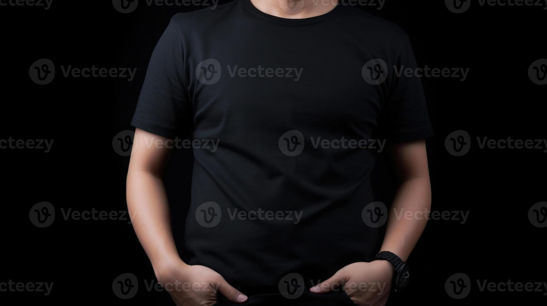 génératif ai, réaliste noir T-shirt moquer en haut Vide mettre sur Jeune homme, fond pour présentation publicité. Vide affaires concept photo