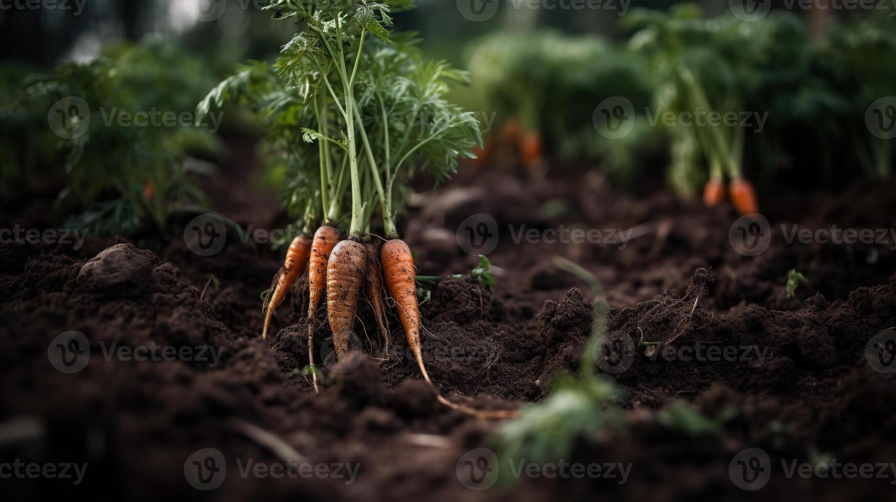 génératif ai, rangée de Frais carottes avec vert feuilles sur le sol, des légumes dans le jardin, une bien récolte de éco des produits. photo