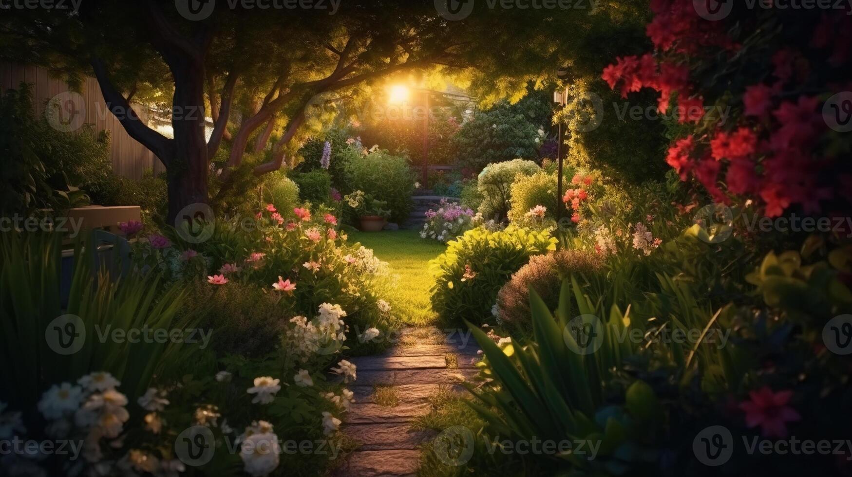 génératif ai, magnifique été privé jardin avec beaucoup fleurs et végétaux, la nature paysage, Anglais campagne chalet style photo