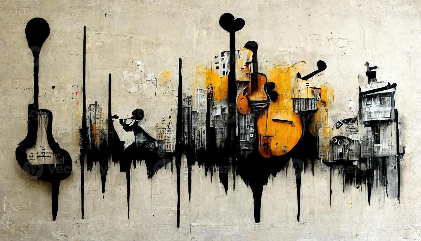 génératif ai, abstrait rue art avec clés et musical instruments silhouettes. encre coloré graffiti art sur une texturé papier ancien arrière-plan, inspiré par banky photo