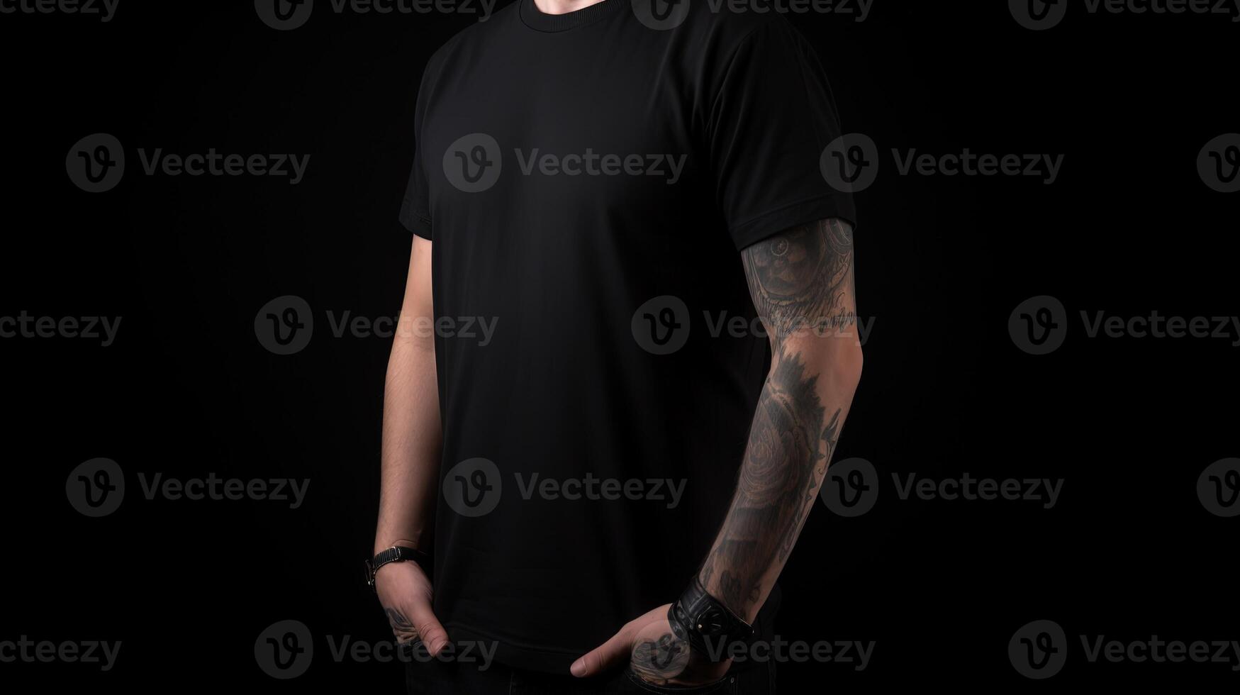 génératif ai, réaliste noir T-shirt moquer en haut Vide mettre sur Jeune homme, fond pour présentation publicité. Vide affaires concept photo