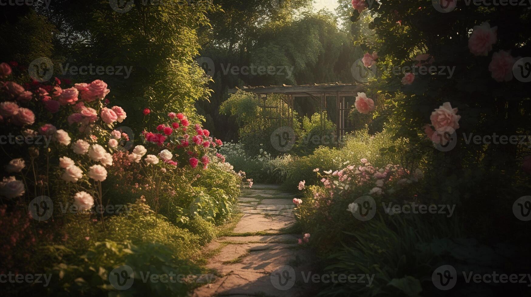 génératif ai, magnifique été privé jardin avec beaucoup fleurs et végétaux, la nature paysage, Anglais campagne chalet style photo