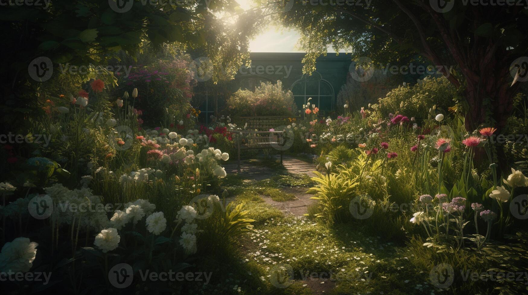 génératif ai, magnifique été privé jardin avec beaucoup fleurs et végétaux, la nature paysage, Anglais campagne chalet style photo