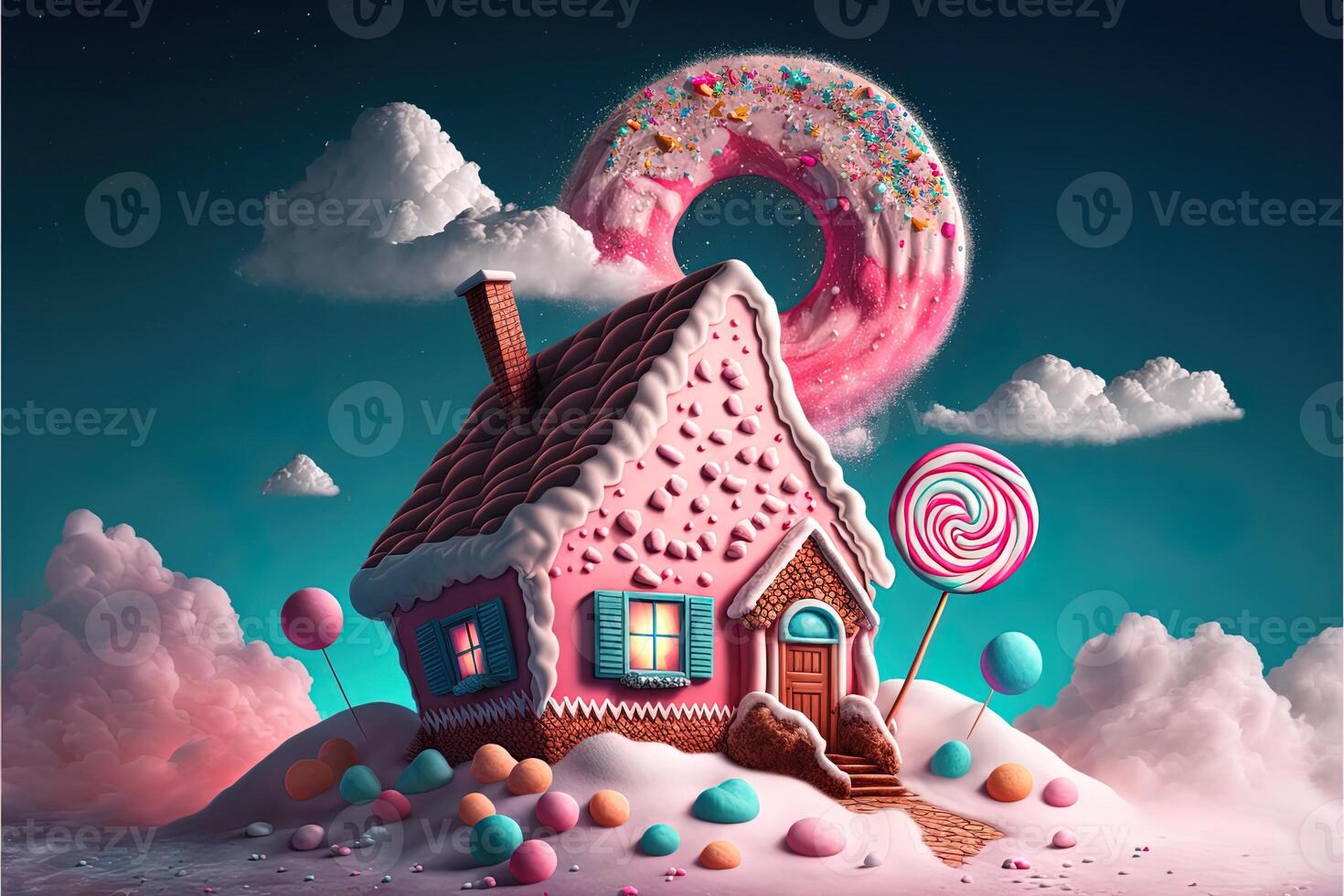 Noël décorations avec coloré pain d'épice rose maison et coloré bonbons sur blanc nuage. hiver vacances Nouveau année et Noël composition. incroyable Fée Noël maison. génératif ai photo