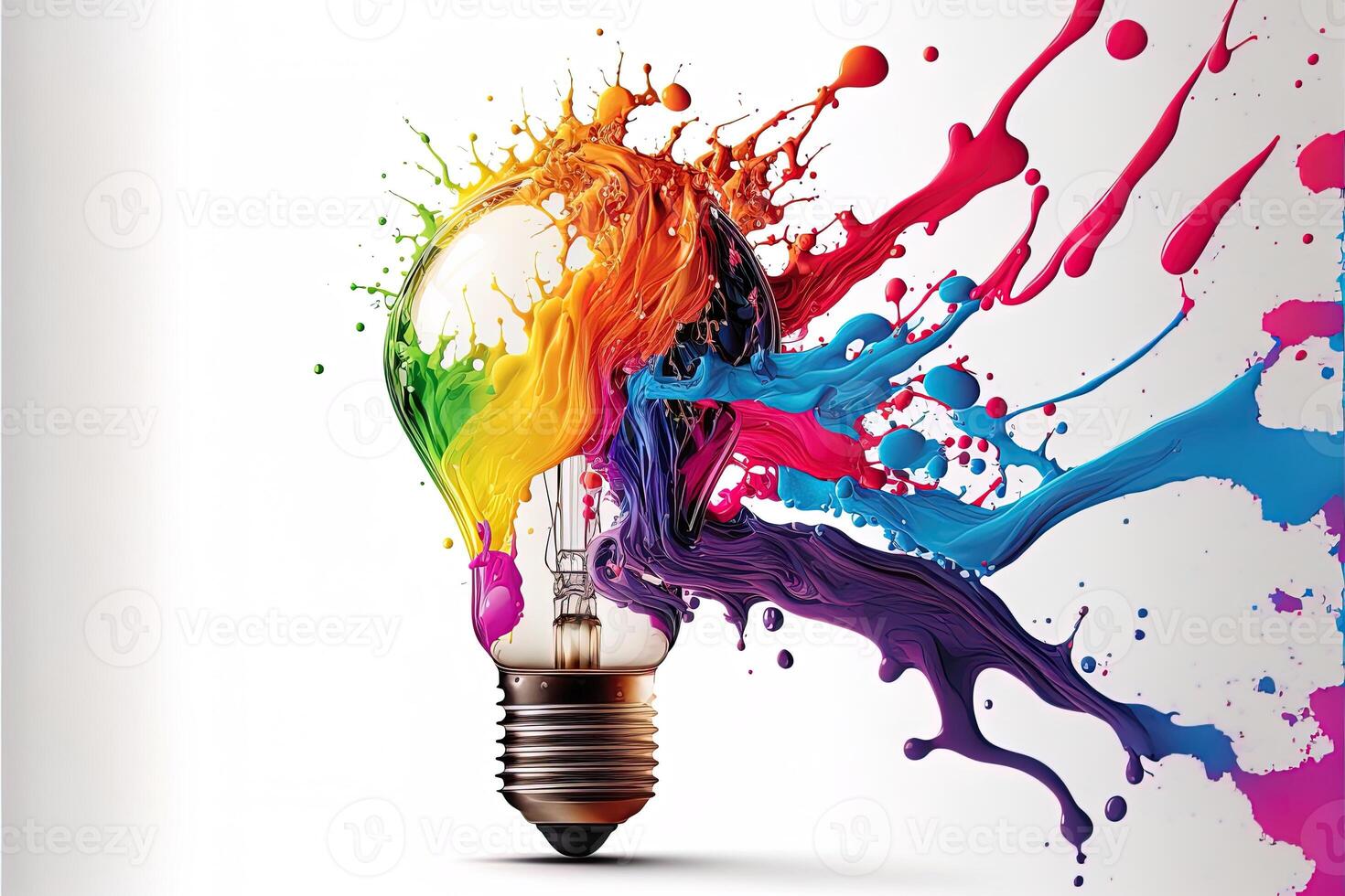 illustration de coloré ampoule avec éclaboussure de couleurs sur blanc Contexte. la créativité, eurêka, imagination, inspiration. génératif ai. idée et Solution concept photo