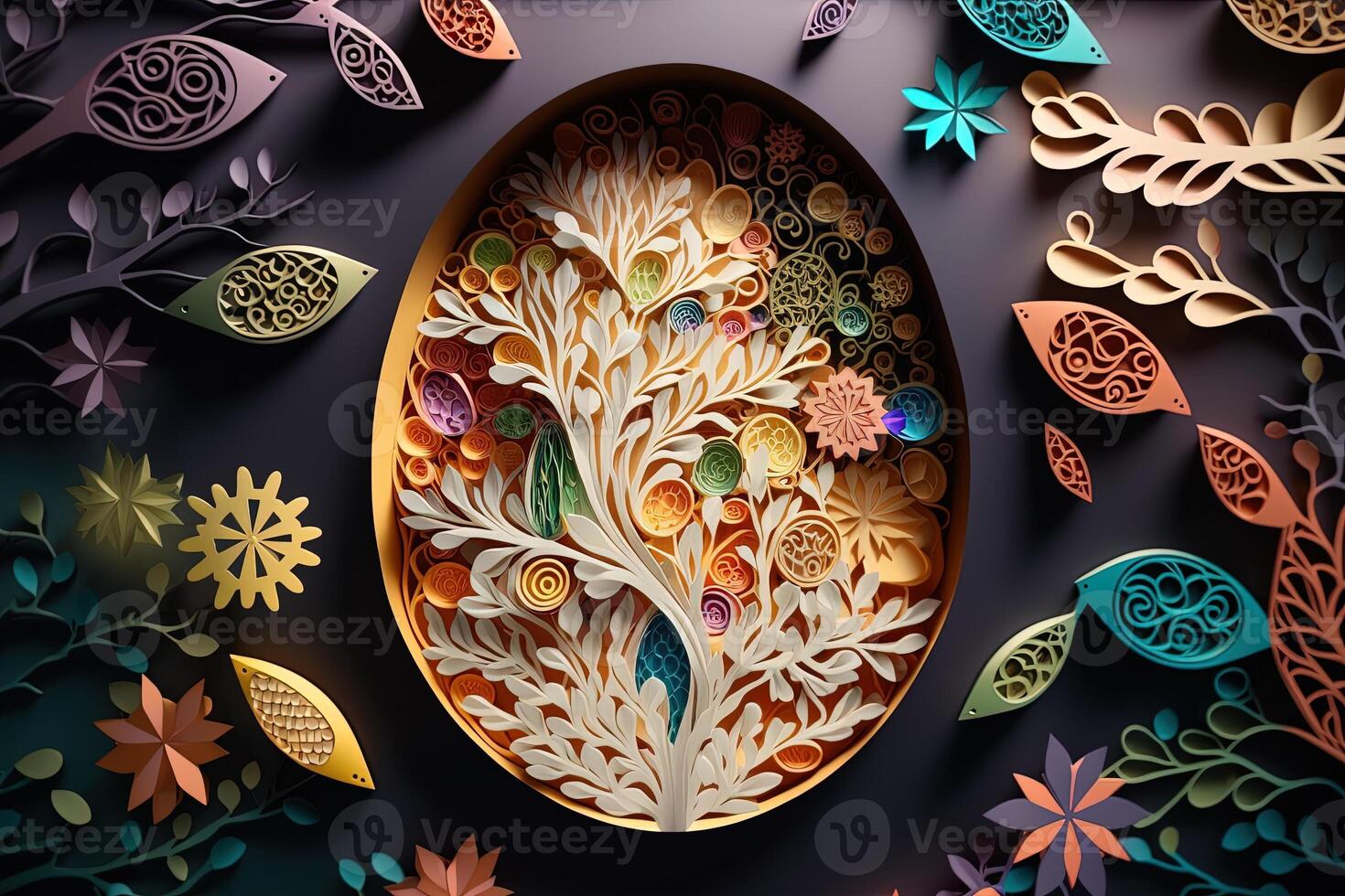 génératif ai papier Couper quilling multi dimensionnel Pâques Oeuf dans Pâques fête, une lot de Oeuf et petit lapin dans Contexte. printemps concept. photo