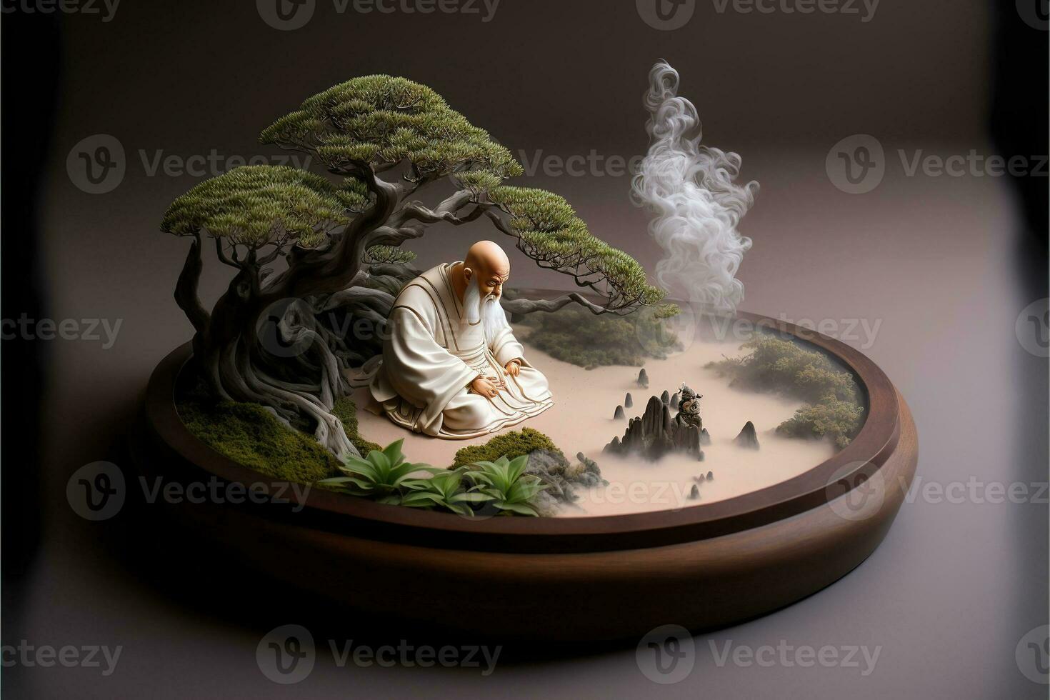 miniature bureau Zen bac à sable avec moine figure asseoir dans