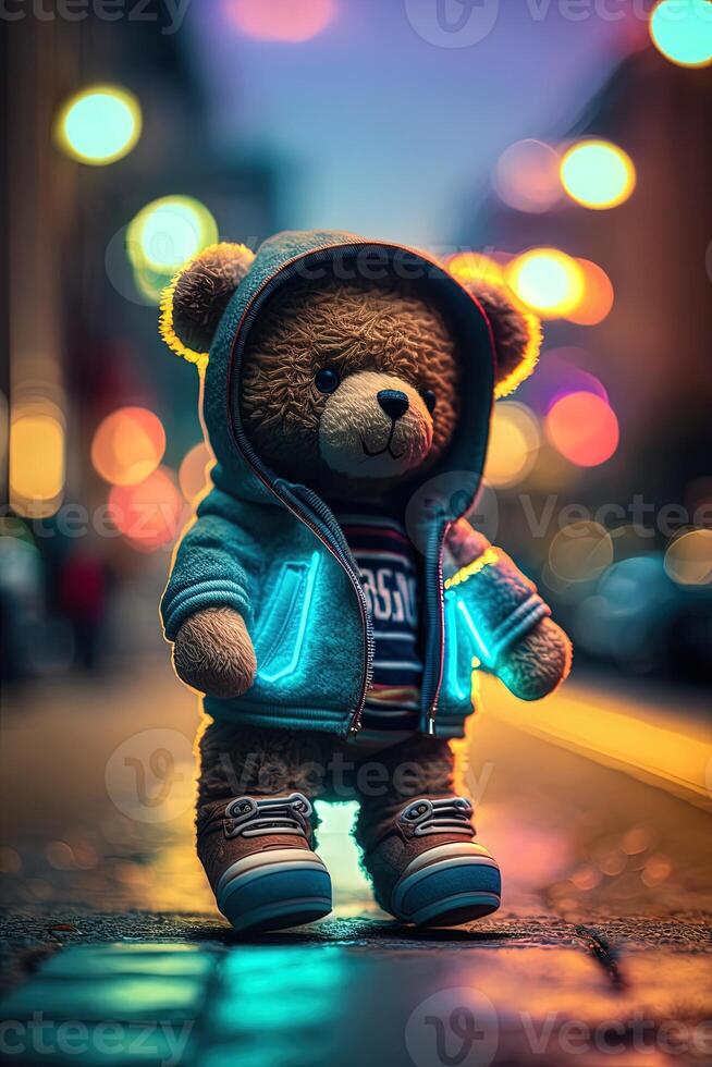 jouet mignonne ours dans vêtements veste et baskets sur rue Contexte avec néon éclairage, génératif ai photo
