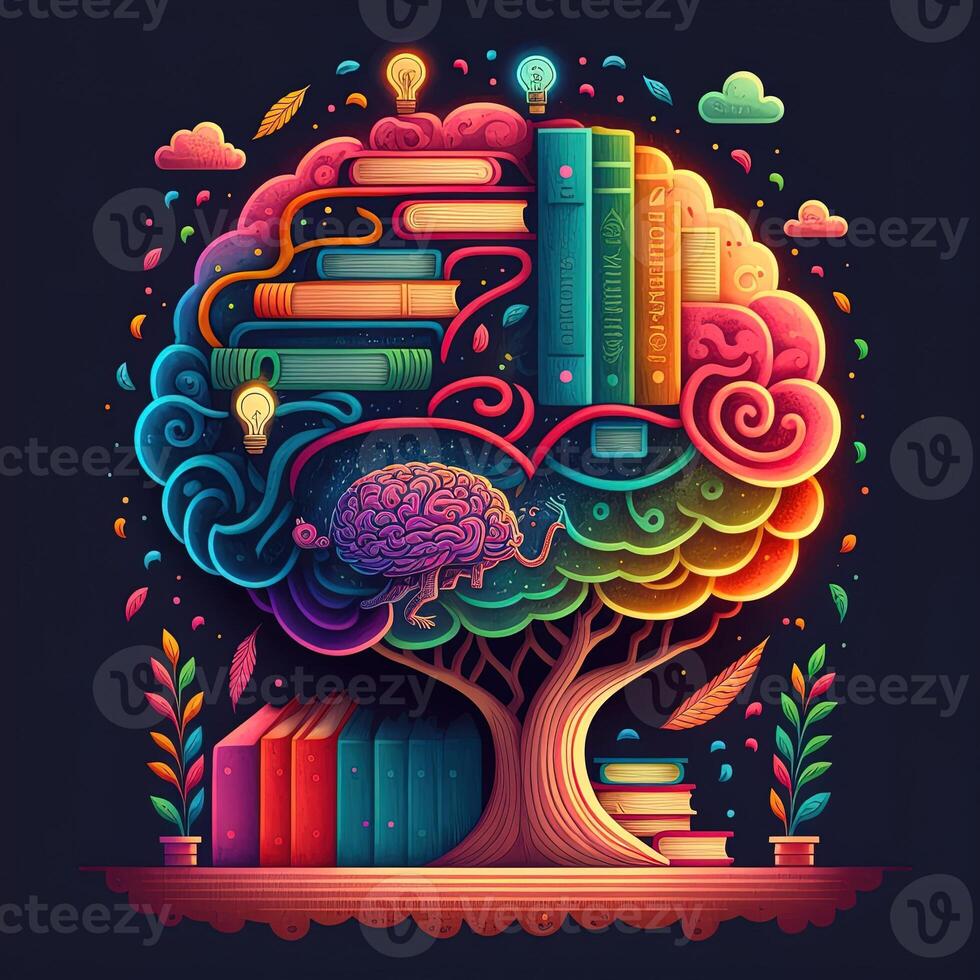 cette capricieux image spectacles une cerveau avec une bibliothèque à l'intérieur, ses les neurones et synapses allumé en haut dans une arc en ciel de joyeux couleurs. une empiler de livres sur une étagère indique connaissance et apprentissage, génératif ai photo