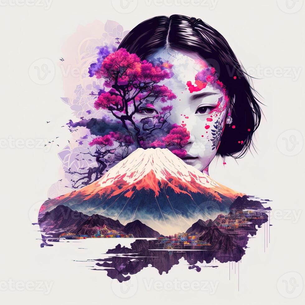 génératif ai double exposition de une magnifique geisha et monter Fuji avec pêche fleur et rivière. magnifique visage de asiatique femme sur blanc arrière-plan, image combiné avec nature, vert montagnes paysage photo