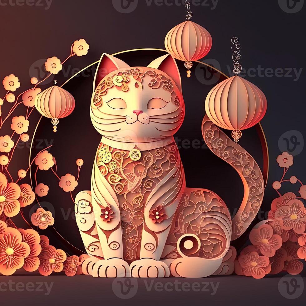 papier Couper quilling multidimensionnel chinois style mignonne zodiaque chat avec lanternes, fleur pêche fleur dans arrière-plan, chinois Nouveau an. lunaire Nouveau année 2023 concept. génératif ai photo