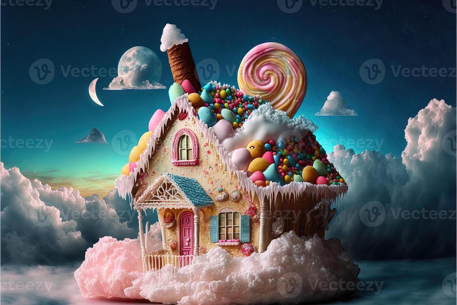 Noël décorations avec coloré pain d'épice rose maison et coloré bonbons sur blanc nuage. hiver vacances Nouveau année et Noël composition. incroyable Fée Noël maison. génératif ai photo