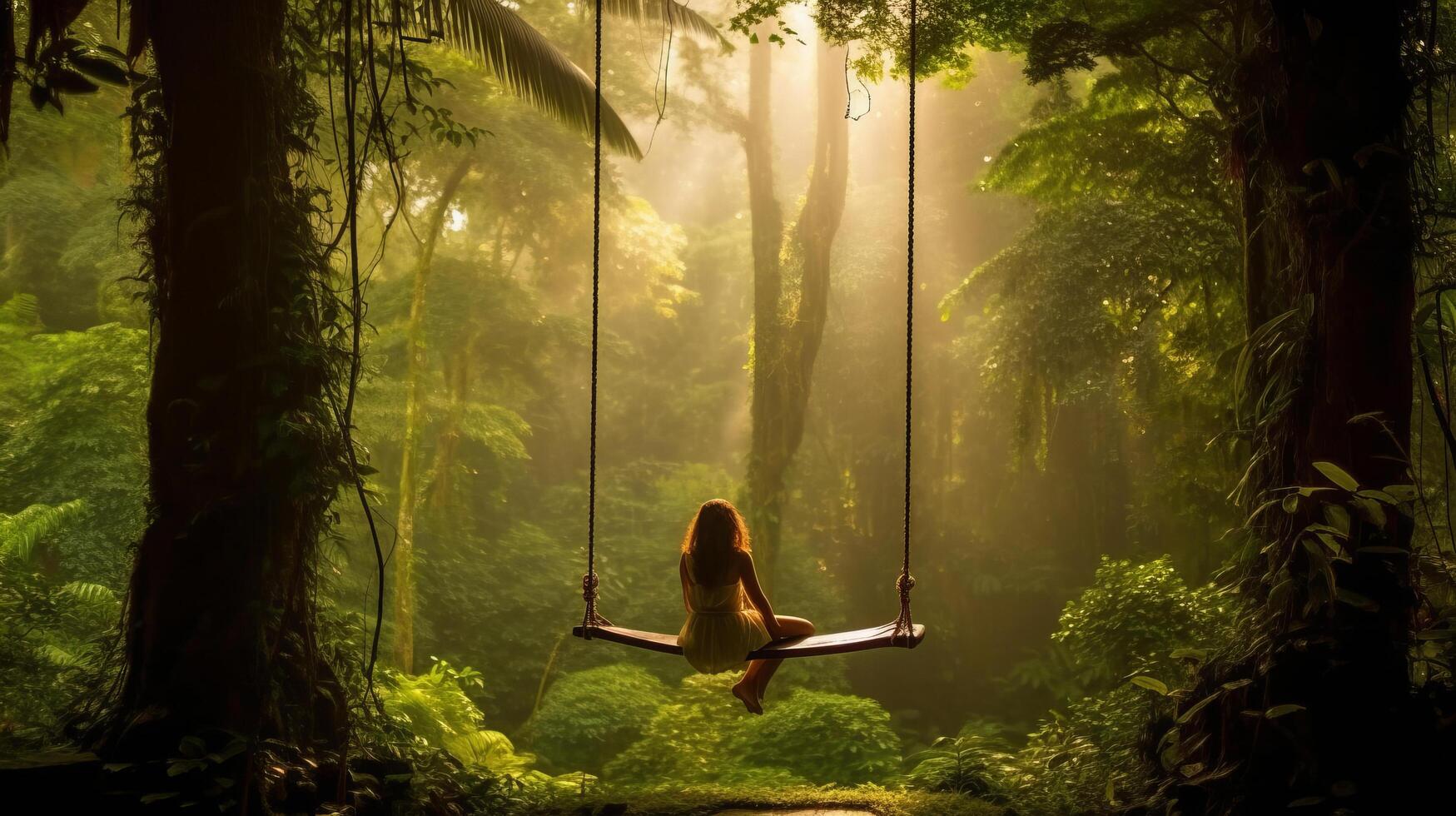 femme avec longue balançoire et forêt. illustration ai génératif photo