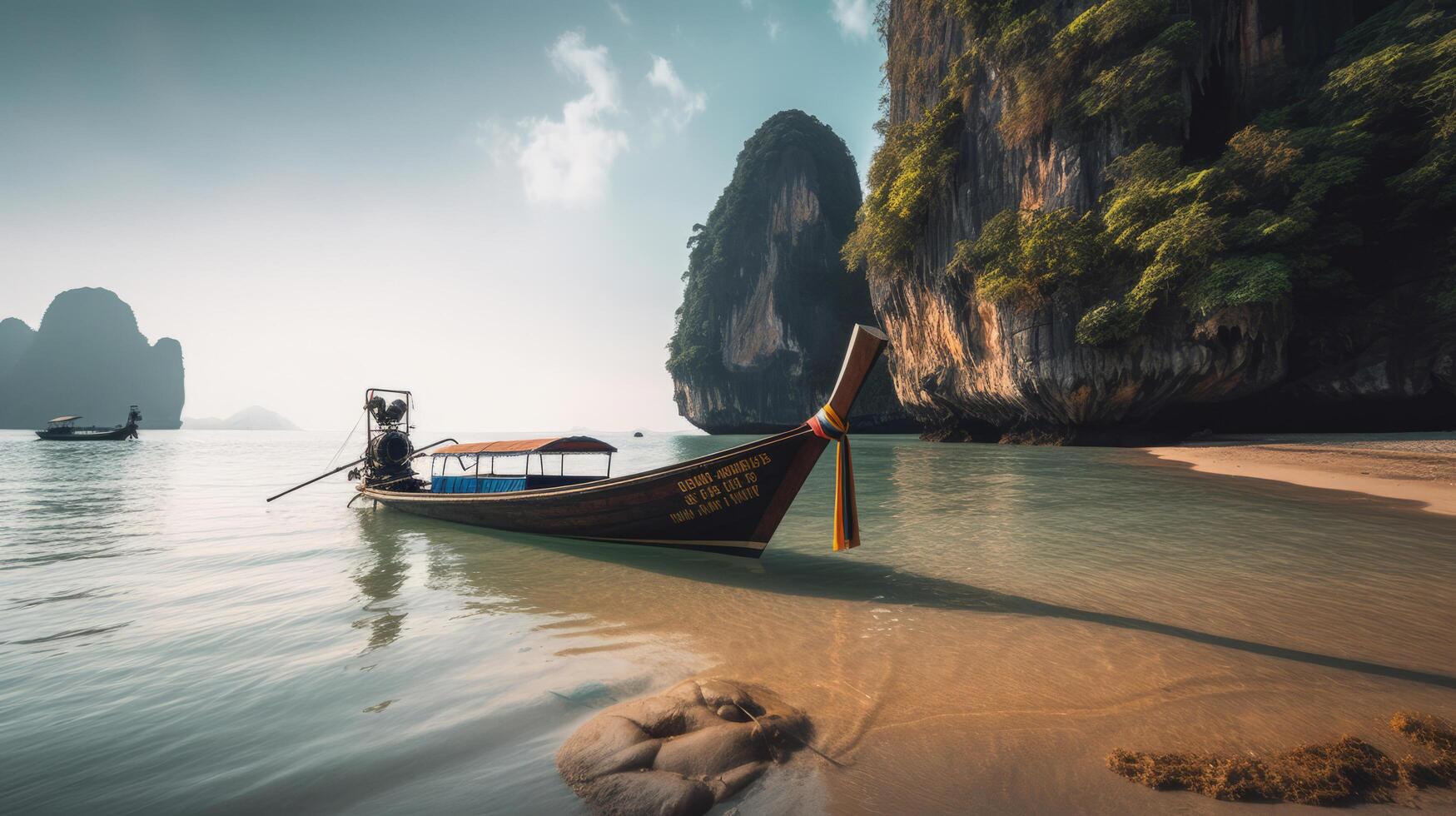 thaïlandais traditionnel en bois longue queue bateau. illustration ai génératif photo