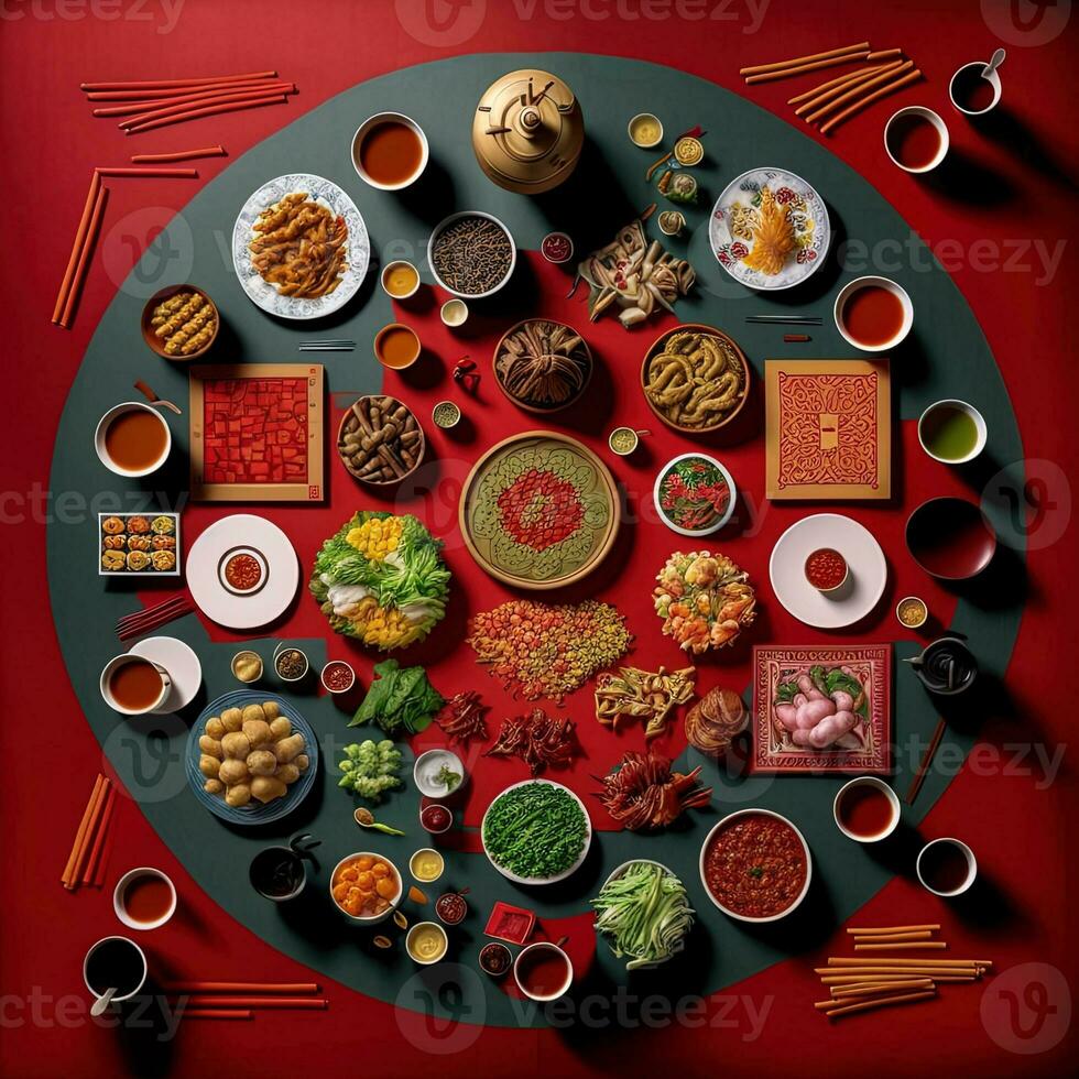 Haut vue de table dîner Chinois. knolling la photographie de chinois dîner Nouveau année , vibrant. vietnamien traditionnel repas dans pays côté. plat poser. photo