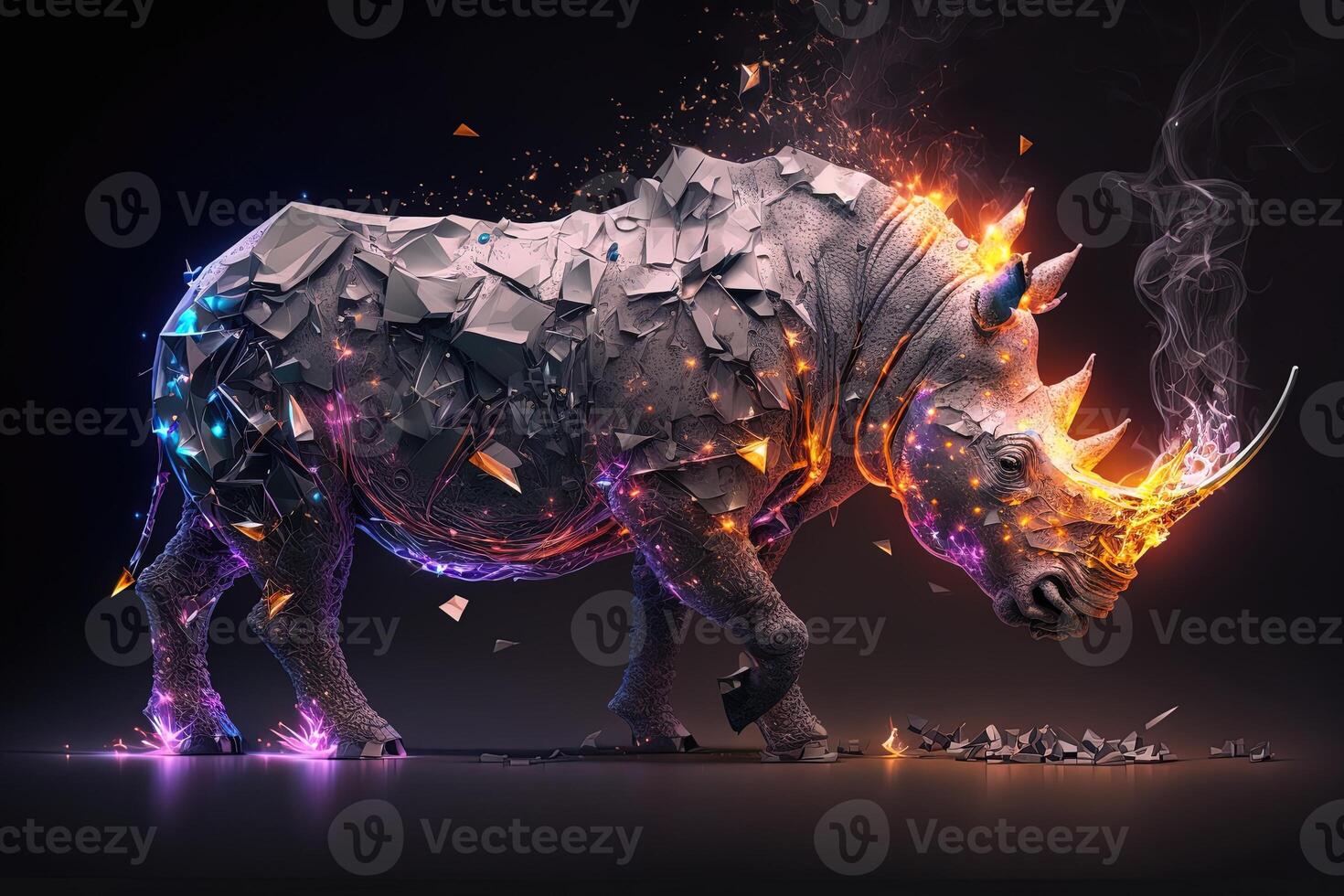 génératif ai la fusion de métal rhinocéros exploser par Feu entouré par épars verre fragments et débris, cosmique énergie photo