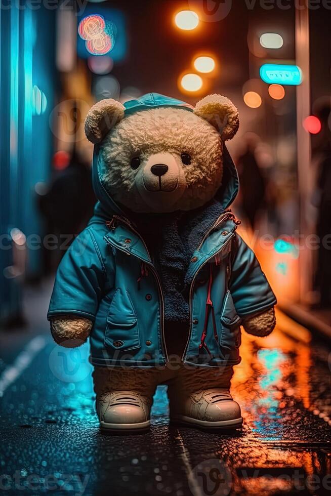 jouet mignonne ours dans vêtements veste et baskets sur rue Contexte avec néon éclairage, génératif ai photo