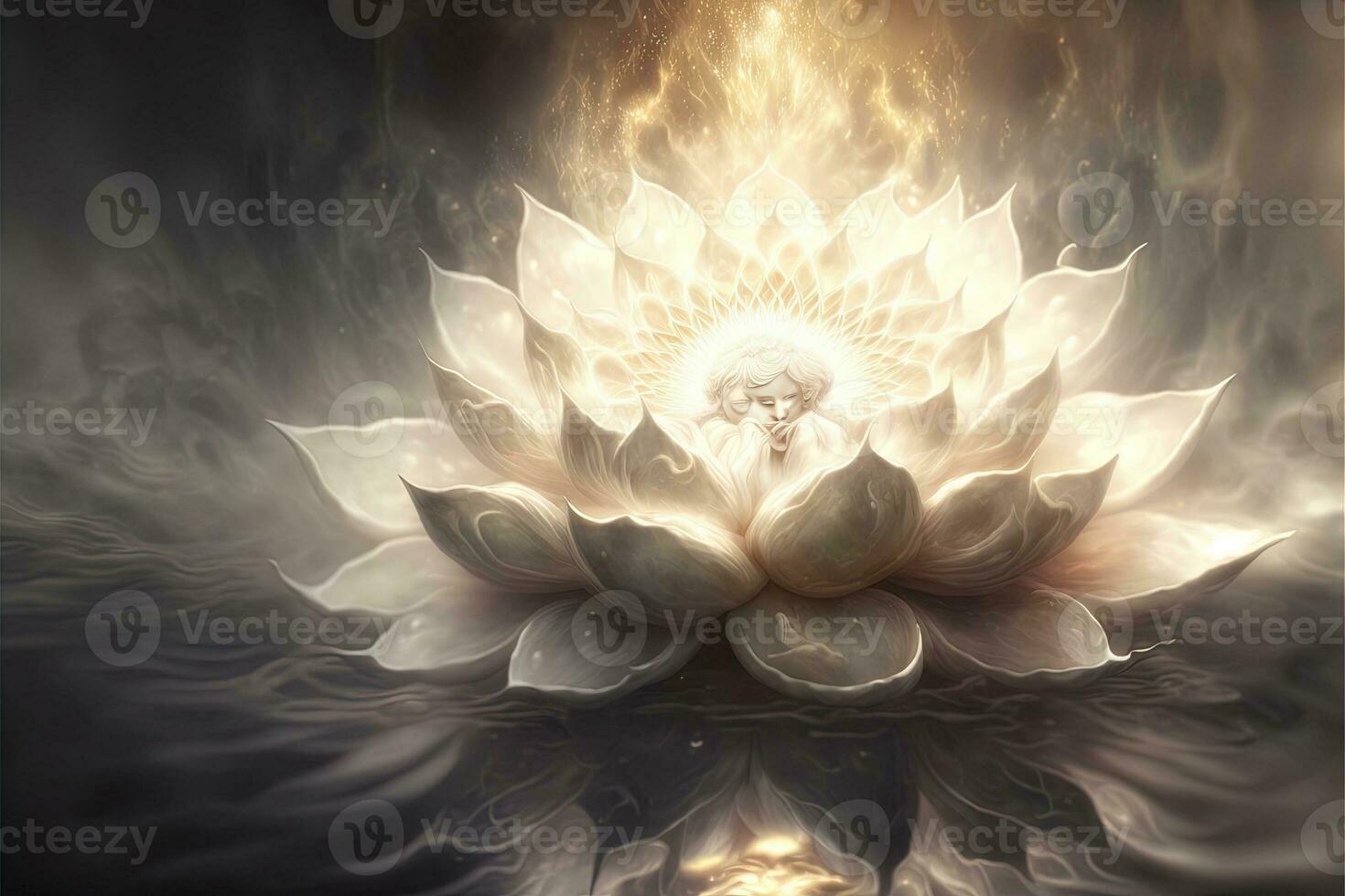 brillant rouge, Jaune lotus fleur, brûlant semblable à un nuage pétales, entouré par la magie le chaos lumière, blanc fumée, chute réfléchi lumière, lotus lumière avec perles flottant sur une scintillant Contexte. photo