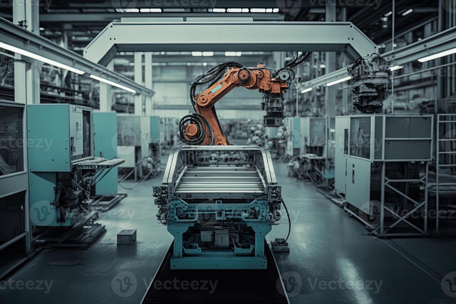 intérieur de industrie usine, robot Assemblée ligne avec électrique voiture batterie cellules module sur plateforme. génératif ai photo