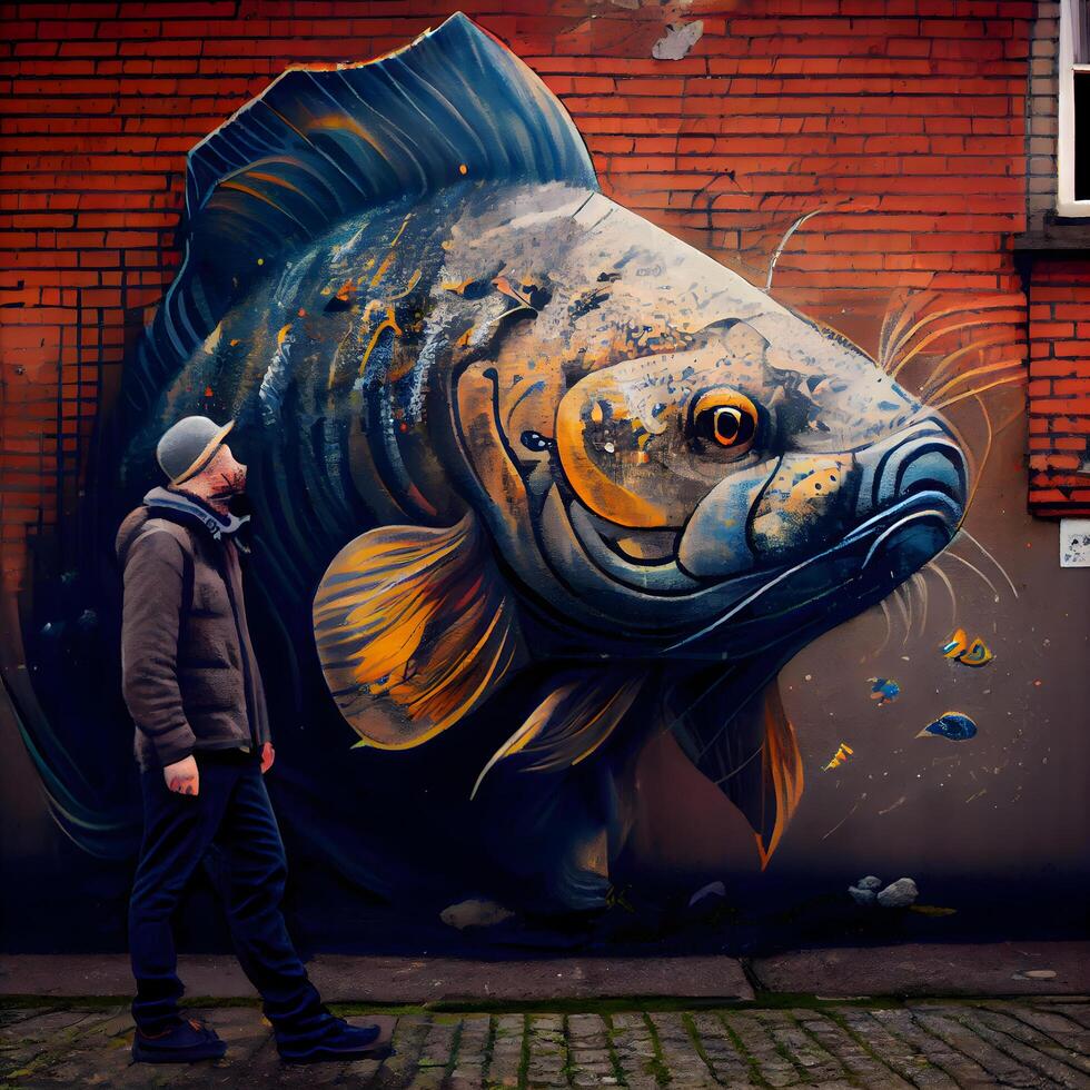 une homme admire une poisson dans Berlin. Berlin est le Capitale de Allemagne., ai génératif image photo