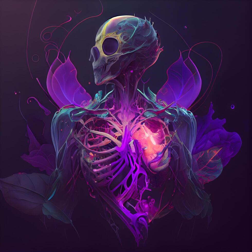 Humain squelette avec embrasé organes. illustration de une Humain corps anatomie., ai génératif image photo