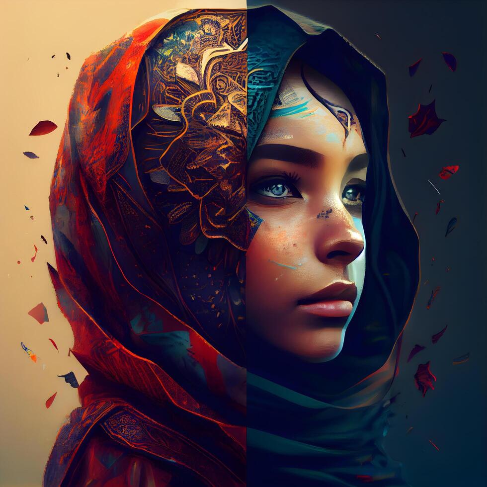 portrait de une magnifique Jeune femme avec Oriental faire en haut et hijab., ai génératif image photo
