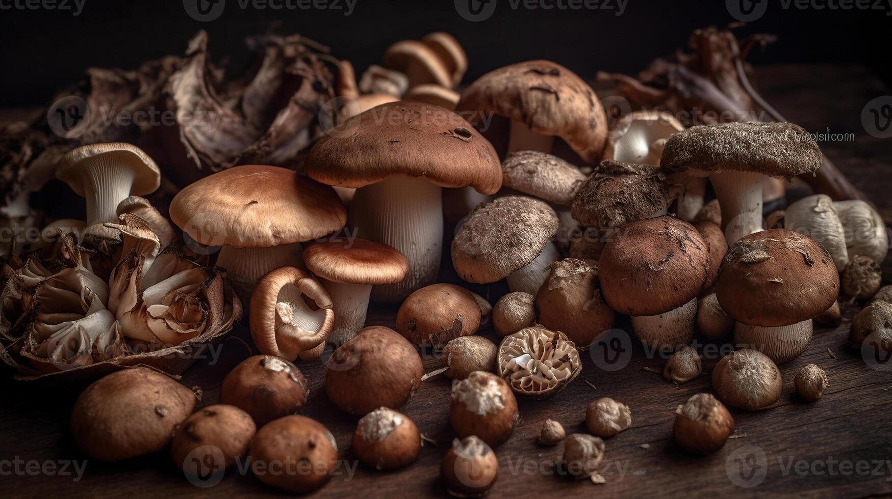 variété de non cuit sauvage forêt champignons Jaune bolet, bouleau champignons, russules plus de foncé texturé Contexte. rustique style, Naturel journée lumière. Haut voir, nourriture arrière-plan, génératif ai photo