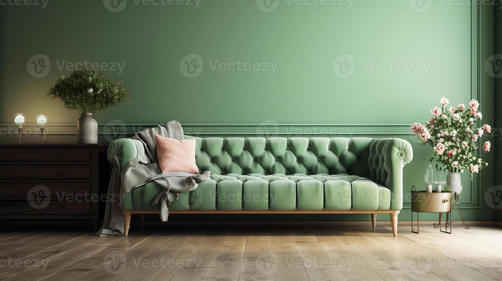 vert menthe mur avec canapé et buffet sur et gris oreiller, bois sol-intérieur, génératif ai photo