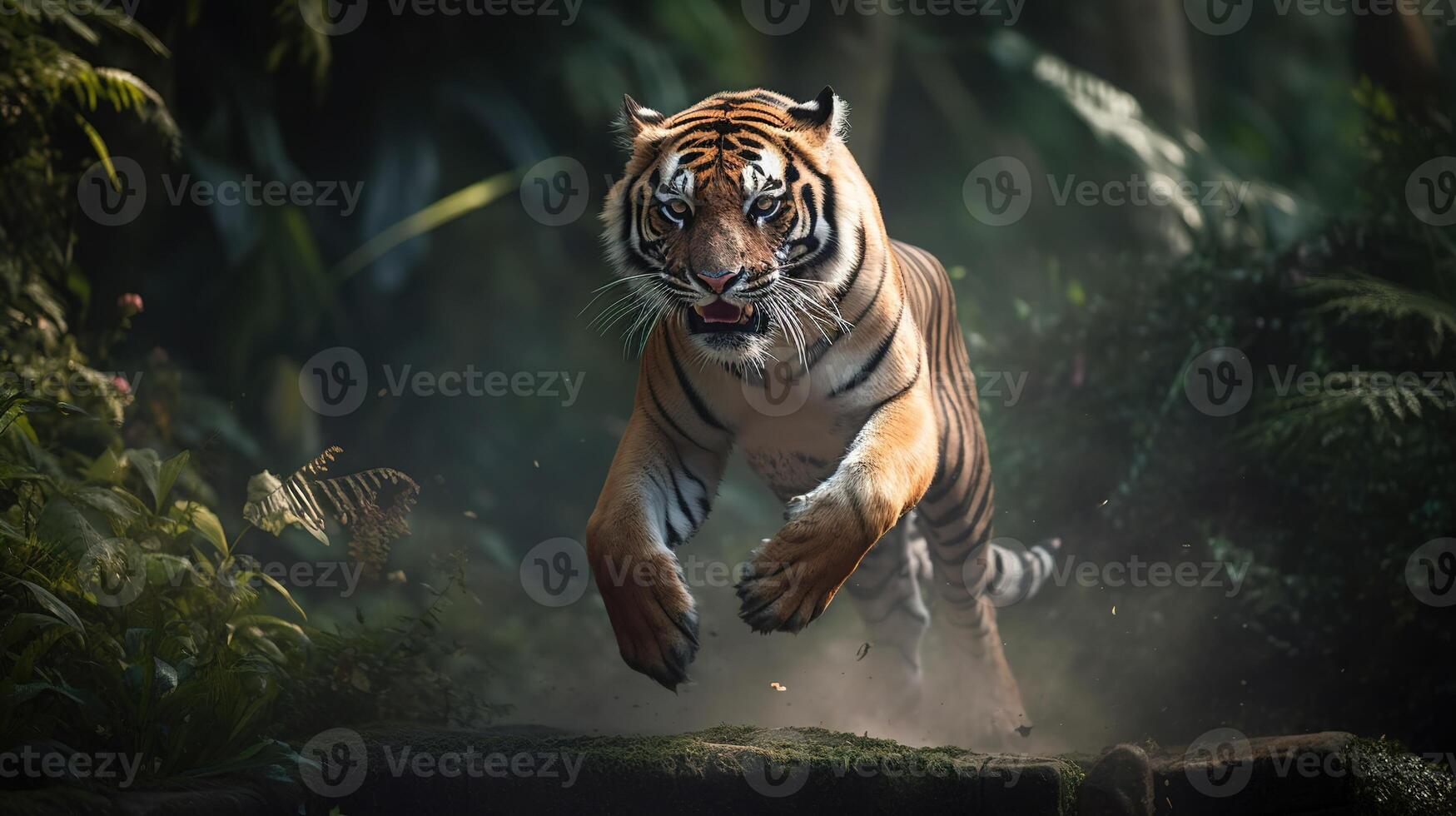 majestueux tigre dans saut. génératif ai photo