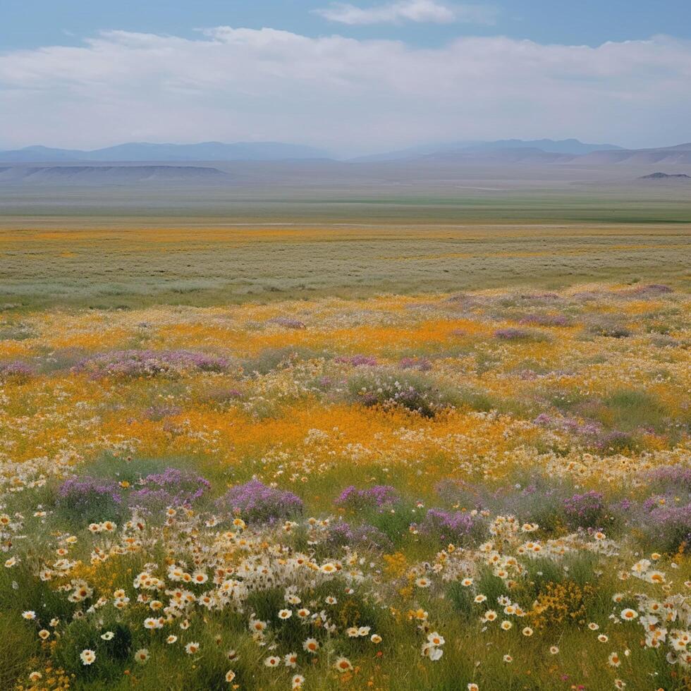 une plaine champ avec sauvage fleurs dans fleur ai généré photo