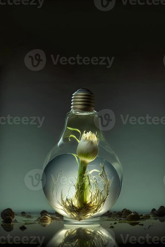 génératif ai contenu, terre journée. fleur dans une lumière ampoule sur une foncé Contexte. concept de énergie économie. photo