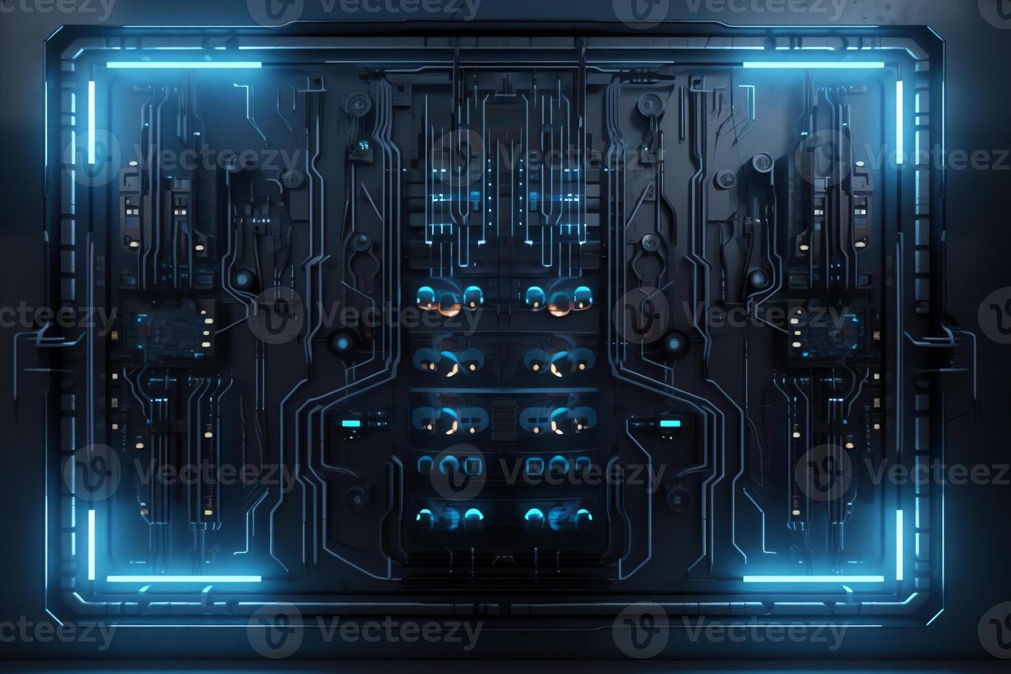 futuriste biomécanique scifi texture mur panneau avec câbles et bleu leds. ai généré photo