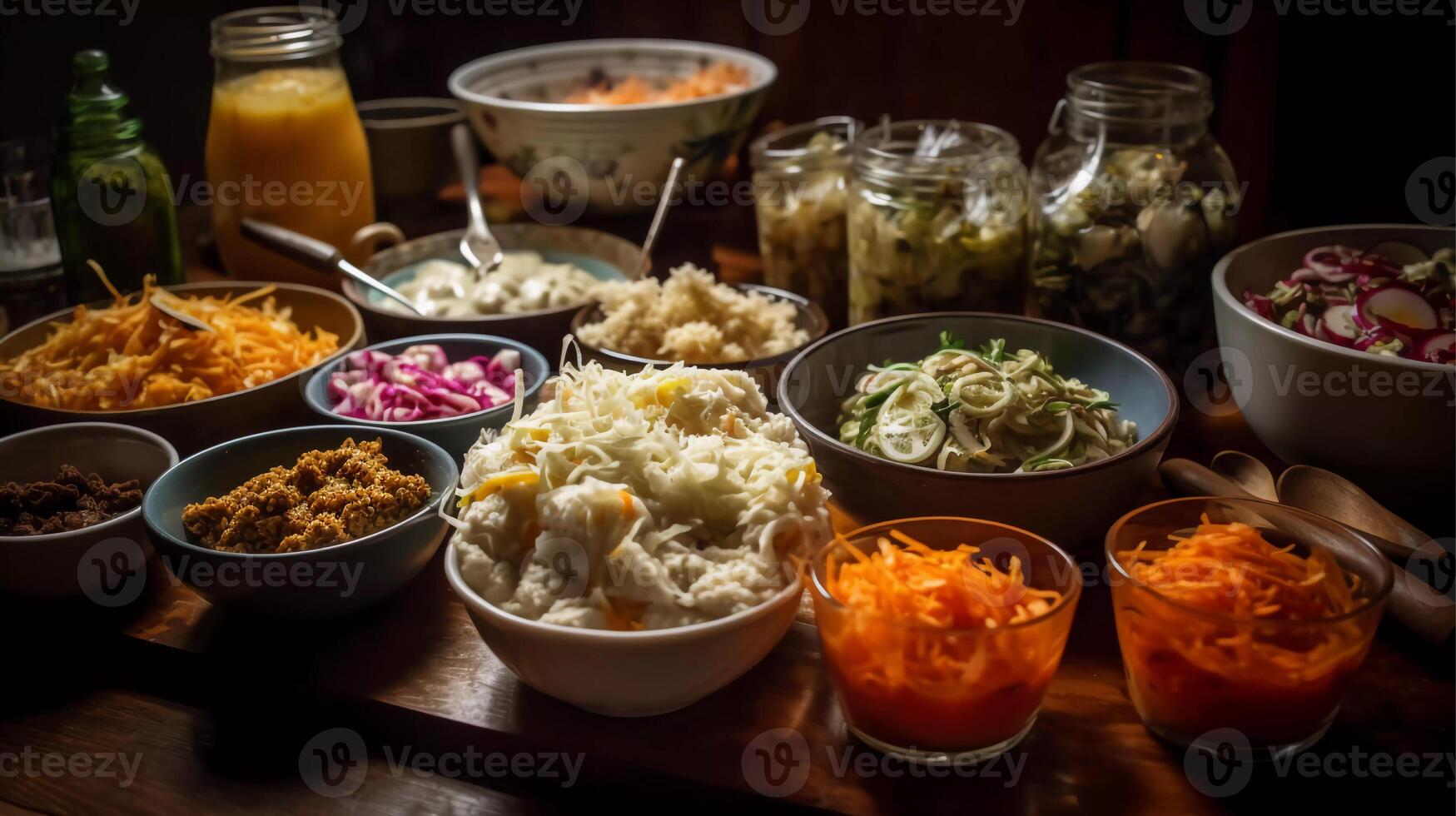 intestin sain fermentation le banquet somptueux propager de riche en probiotiques fermenté nourriture, comprenant Choucroute, Kimchi, et kéfir génératif ai photo