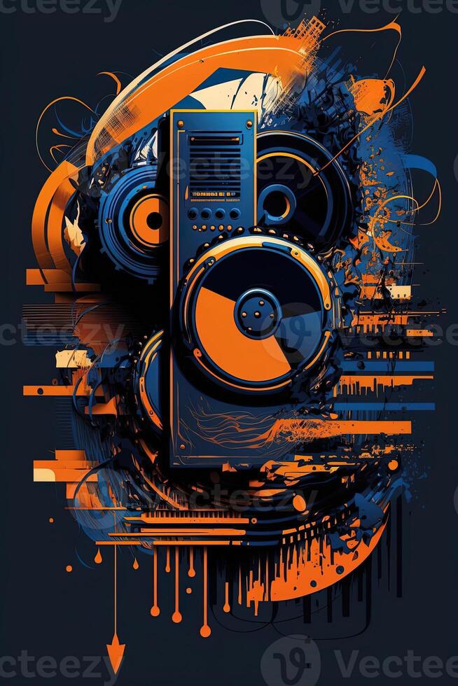 génératif ai Contexte bannière la musique et du son avec certains technologie, Orange et foncé bleu couleur.or la musique Remarques et tripler clef sur ligne vague de du son régler. illustration modèle pour la musique Festival photo