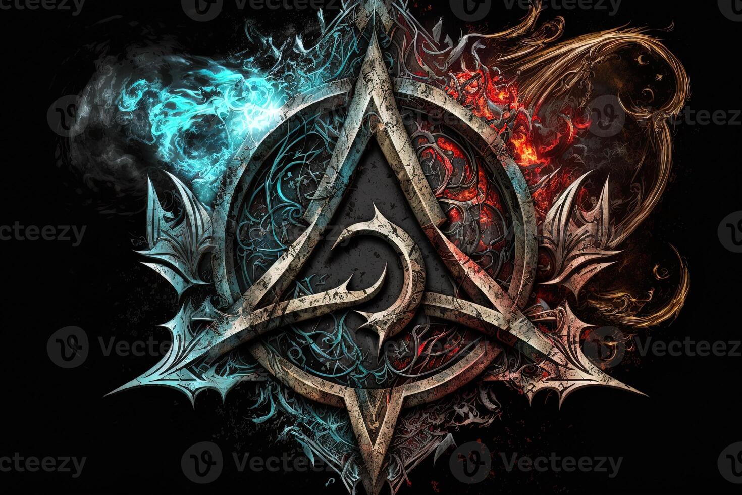 génératif ai ésotérique symbole avec effet de Feu et glace. la magie symbole, asgard symbole. runes et Triangle symbole avec or et métal couleur. photo