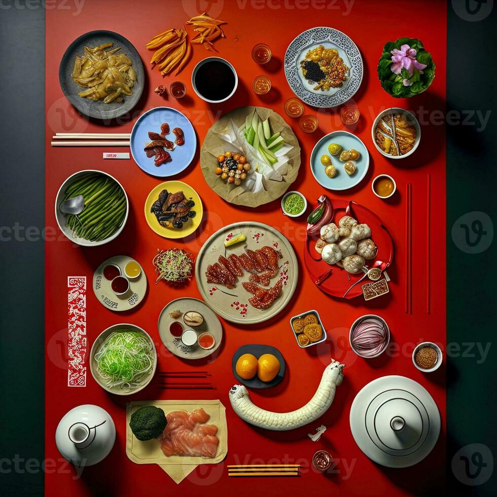 Haut vue de table dîner Chinois. knolling la photographie de chinois dîner Nouveau année , vibrant. vietnamien traditionnel repas dans pays côté. plat poser. photo