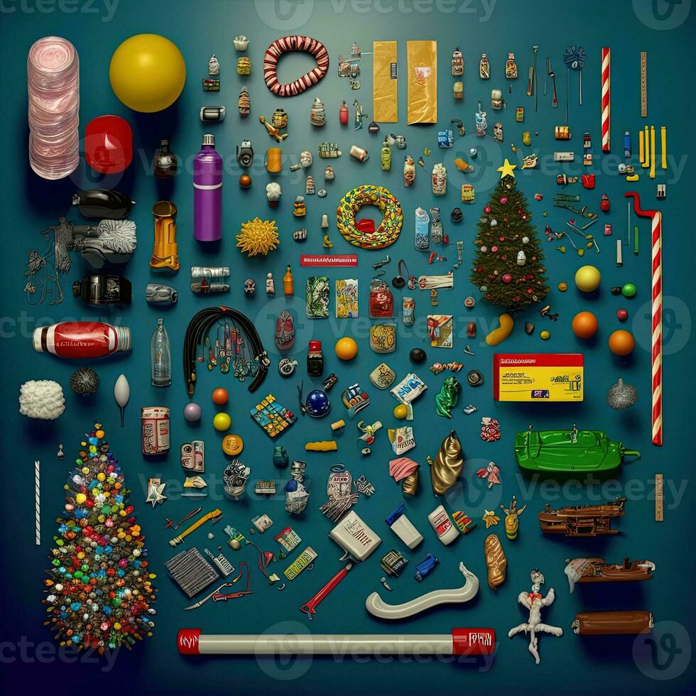 ensemble réaliste Noël objets conception, pin branches, pin cône, décoratif flocon de neige, Noël Balle et confettis, cloches, et vieux montre, knolling la photographie de Noël Provisions , vibrant. plat allonger photo