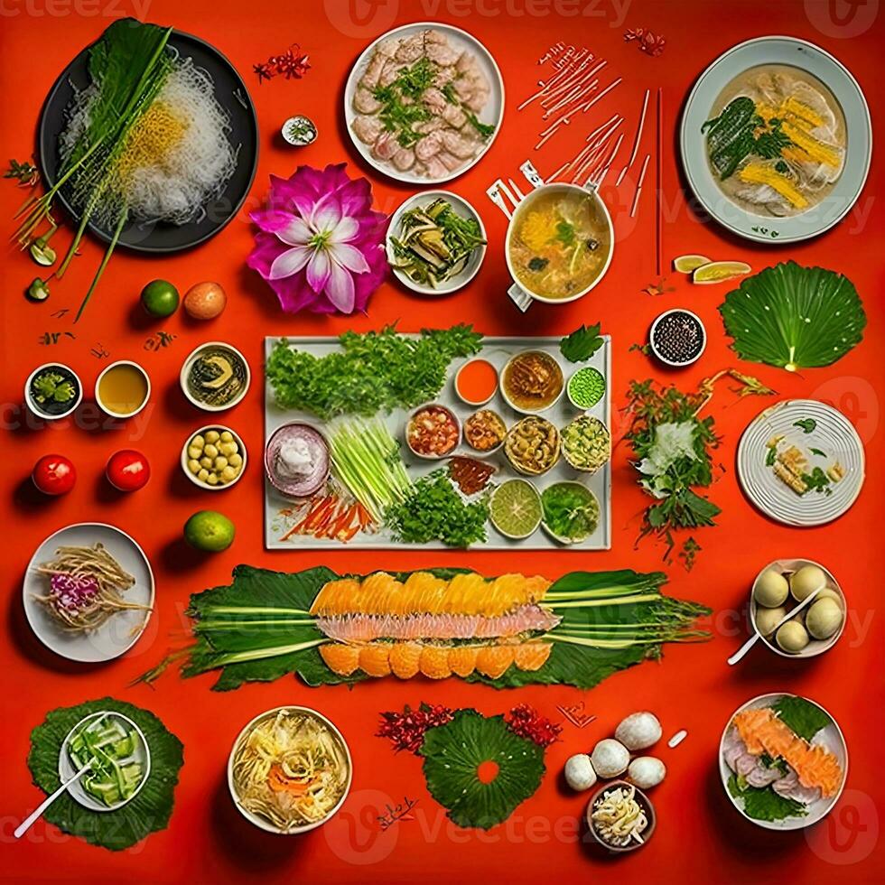 Haut vue de table dîner vietnamien. knolling la photographie de famille dîner Nouveau année , vibrant. vietnamien traditionnel repas dans pays côté. plat poser. photo