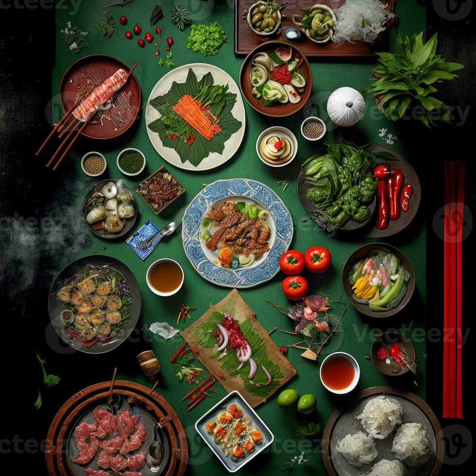 Haut vue de table dîner vietnamien. knolling la photographie de famille dîner Nouveau année , vibrant. vietnamien traditionnel repas dans pays côté. plat poser. photo