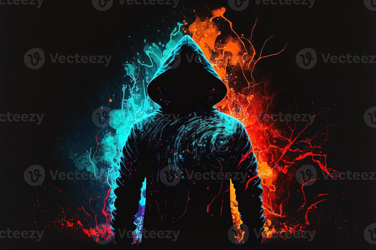 génératif ai double exposition une seul figure dans une sweat à capuche et Puissance boxe, univers entrer en collision avec néon, cyberpunk, holographie, cosmique Contexte. anonyme homme dans une noir sweat à capuche le piratage ordinateur avatar photo