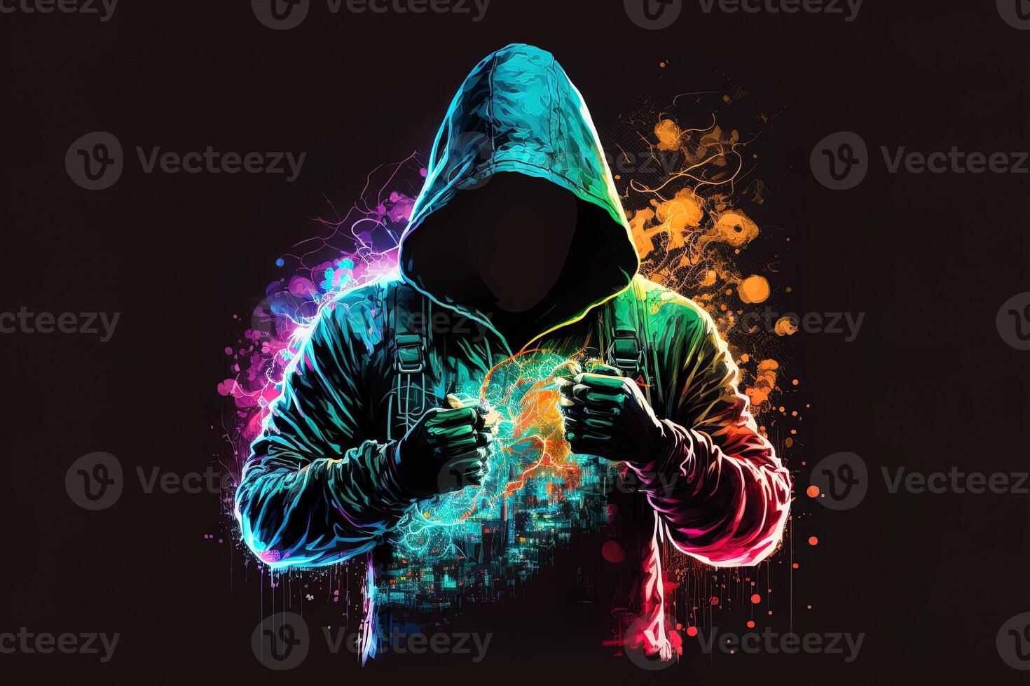 génératif ai double exposition une seul figure dans une sweat à capuche et Puissance boxe, univers entrer en collision avec néon, cyberpunk, holographie, cosmique Contexte. anonyme homme dans une noir sweat à capuche le piratage ordinateur avatar photo