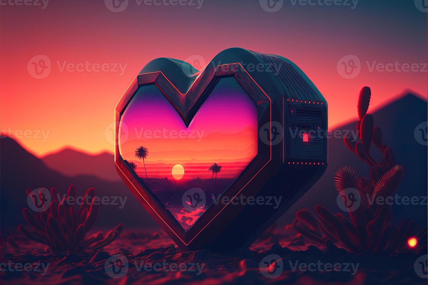 génératif ai Valentin journée avec rétro style cœurs, l'amour concept, rétro vague coucher de soleil, dans style de synthwave ouvrages d'art, cinématique Couleur classement, cinématique lumière, profondeur de champ. photo