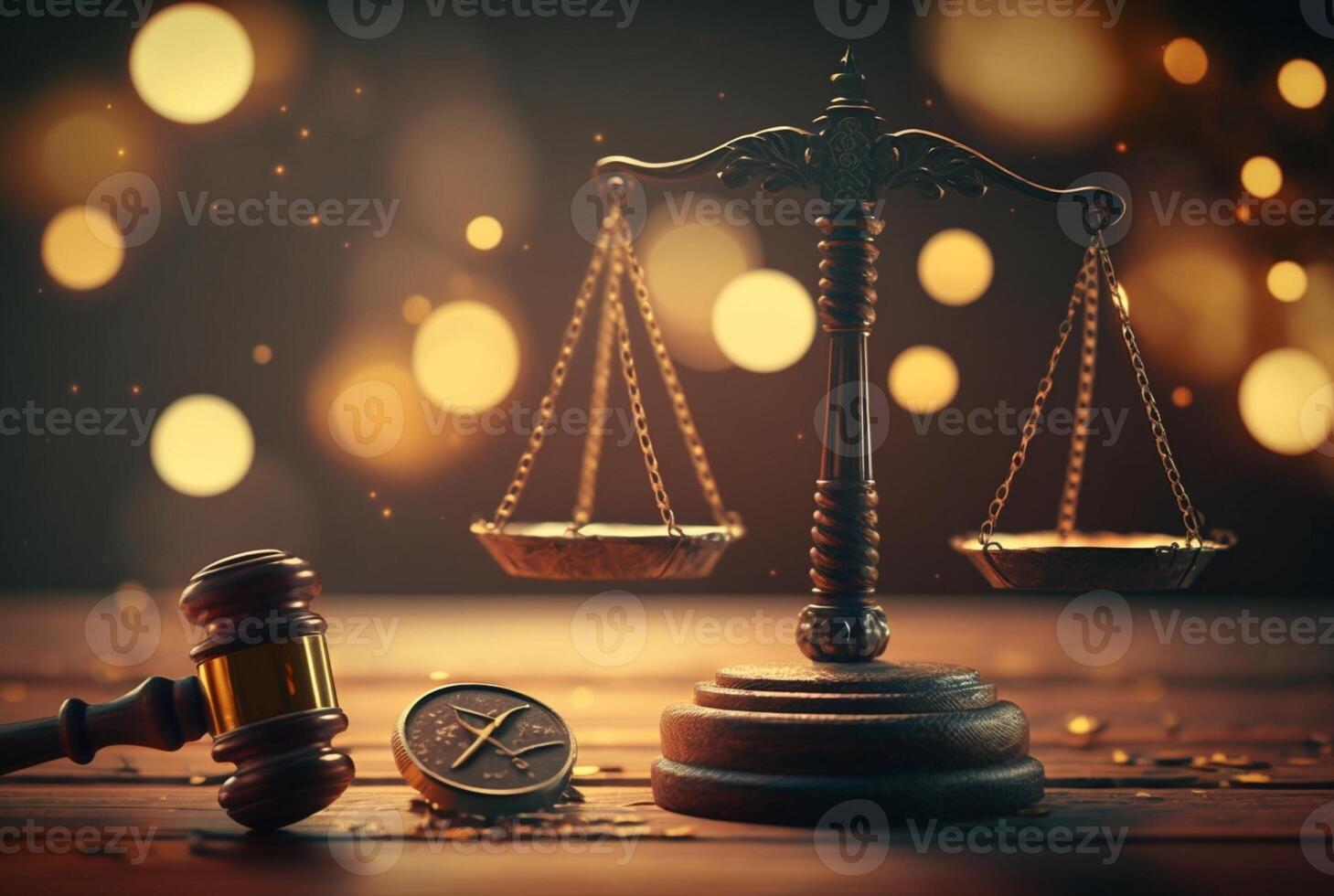 du juge marteau et Balance de Justice avec bokeh Contexte. judiciaire loi concept, génératif ai photo